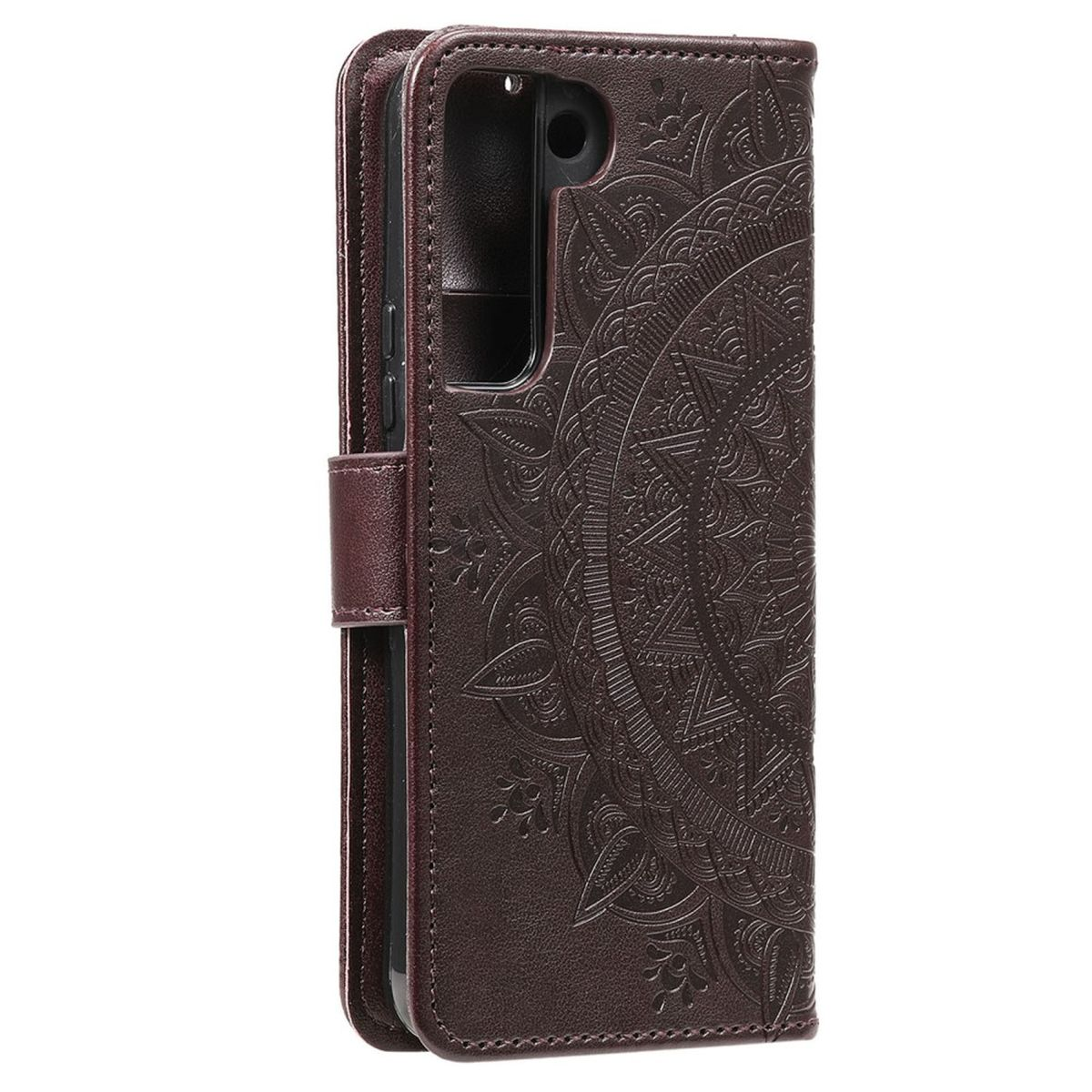 Braune Leder-Handyhülle mit Mandala-Design. Geöffnet mit Telefon im Inneren.