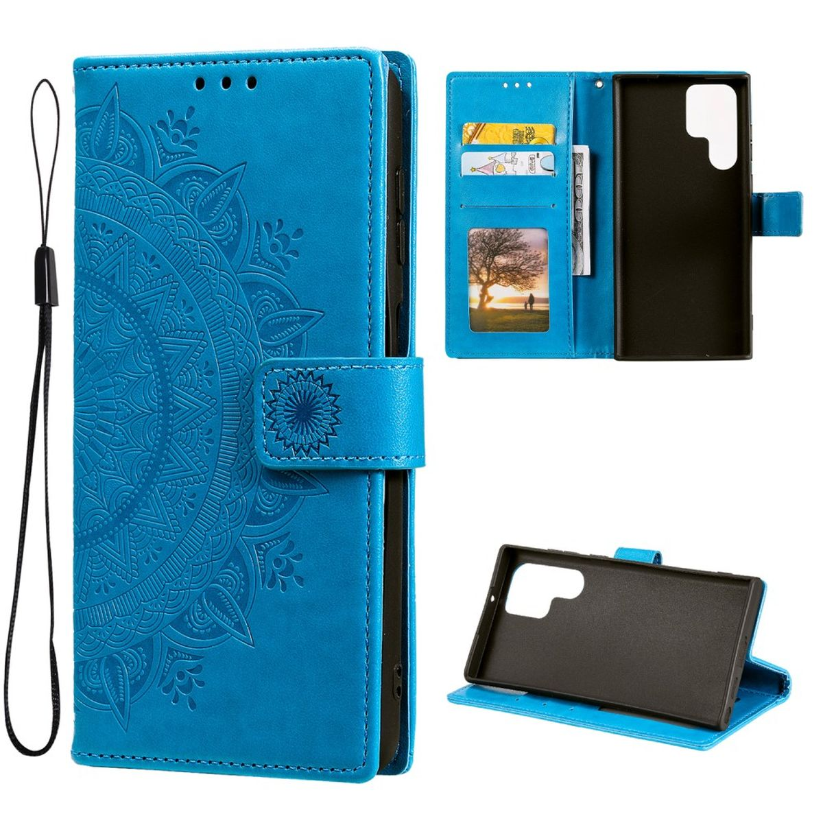 S22 COVERKINGZ Galaxy Blau Mandala Samsung, Bookcover, Ultra, Klapphülle mit Muster,