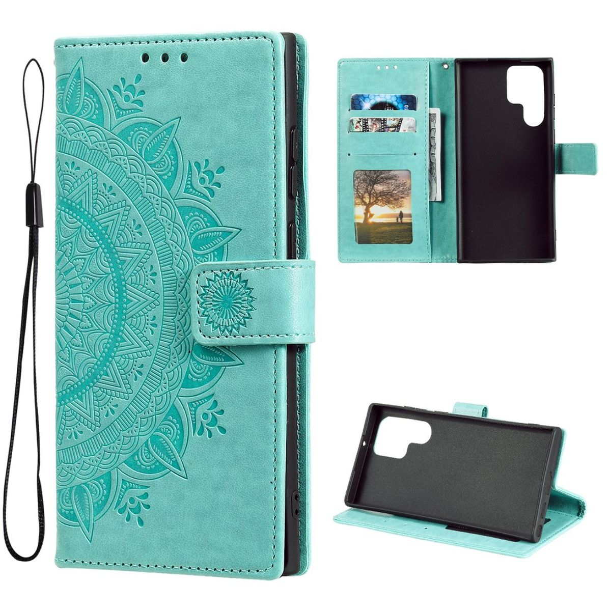 Türkisfarbenes Handycase mit Mandala-Design, geöffnet, um Karten und Telefon zu zeigen, auf weißem Grund.
