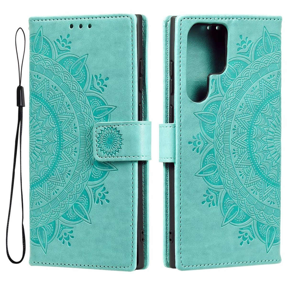 Türkisfarbene Handyhülle mit Mandala-Design. Geöffnete Hülle zeigt Handyhalter, Magnetverschluss.