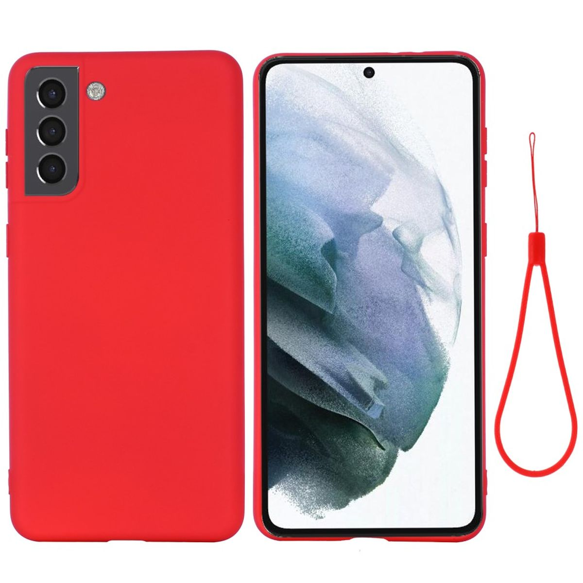 Ein rotes Telefon und eine rote Handyhülle mit rotem Band auf weißem Hintergrund.