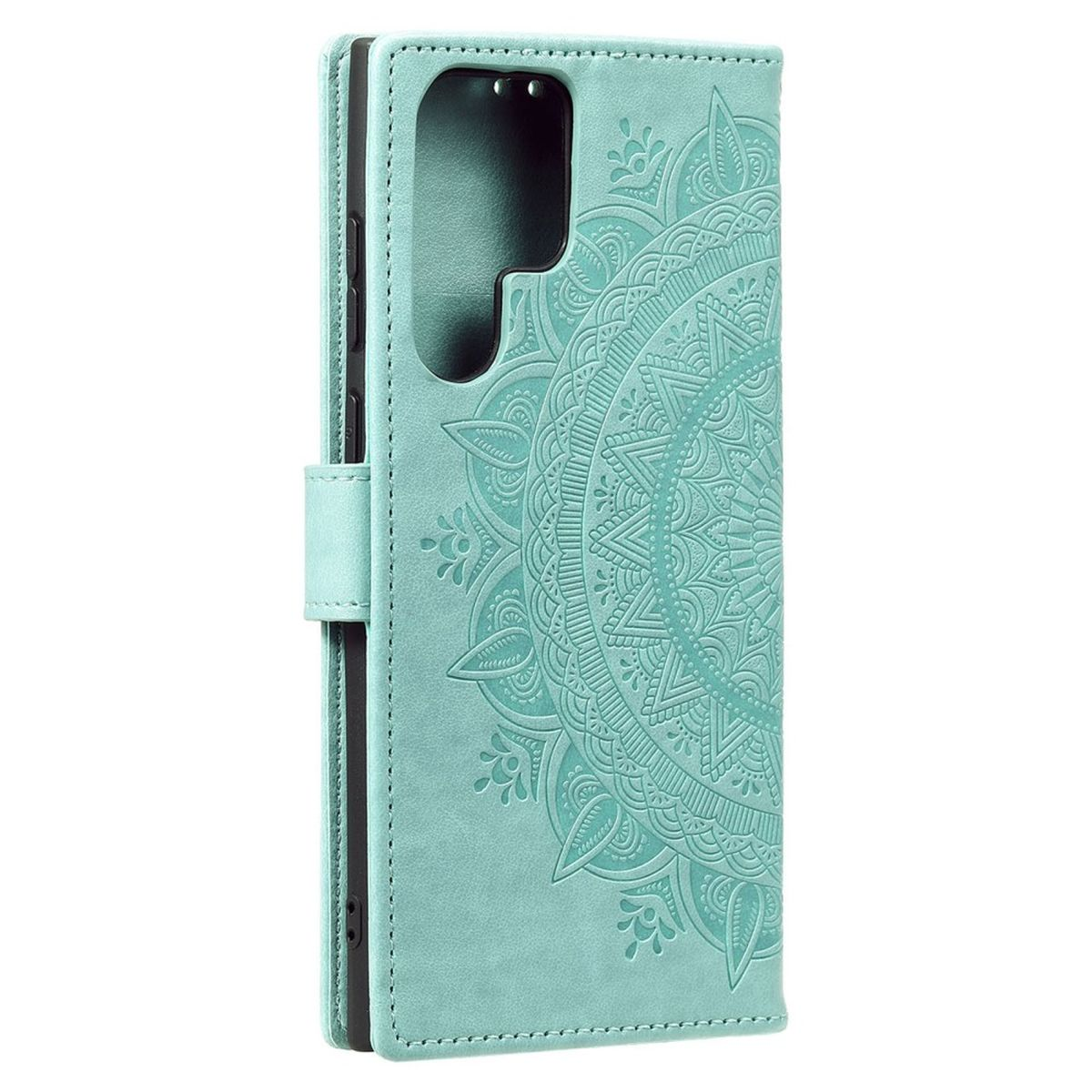 Geschlossene türkisfarbene Handyhülle. Aufwändiges Mandala-Design und Telefon innen.