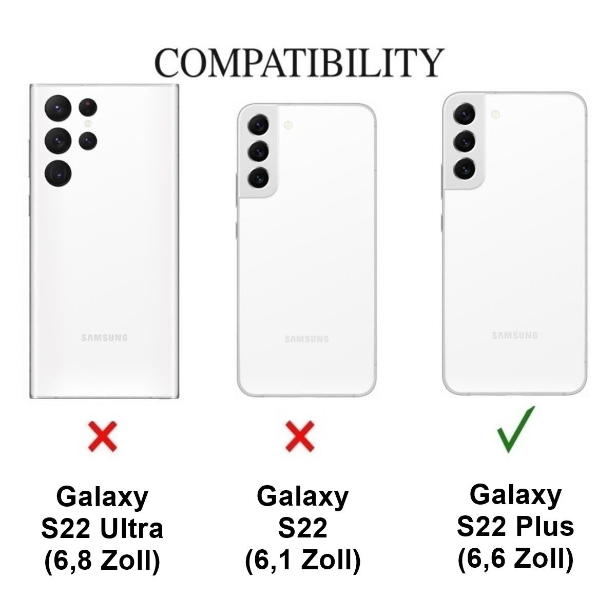 Vergleich von drei weißen Samsung-Telefonen. Zwei sind als inkompatibel gekennzeichnet, eines ist mit S22 Plus kompatibel.