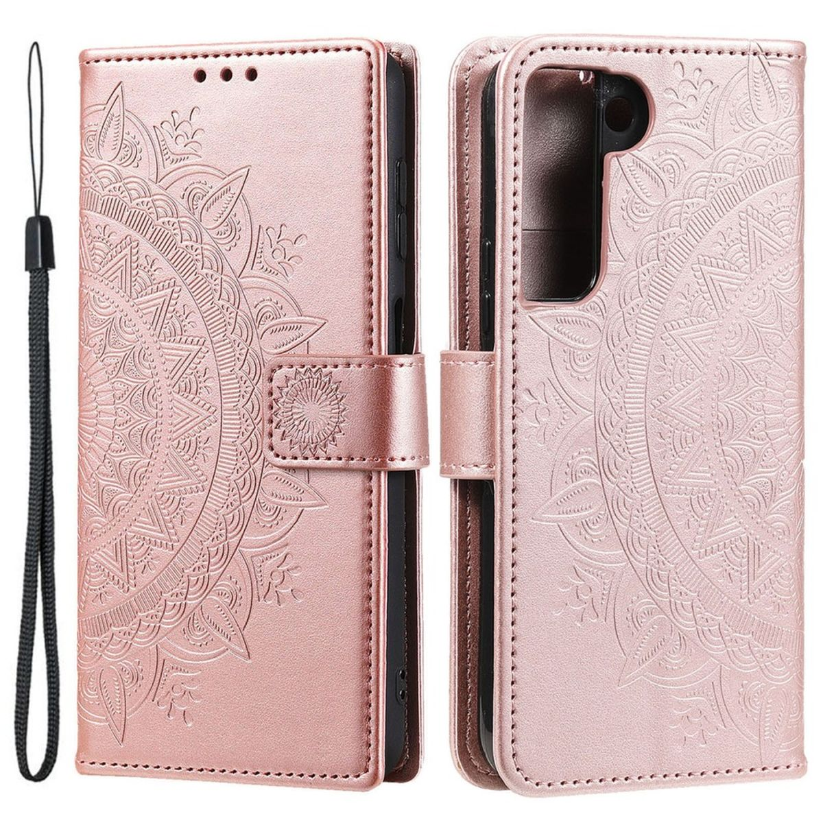 Pinkfarbene Handyhülle mit Mandala-Design und Handschlaufe, geöffnet, um das Innere zu zeigen.