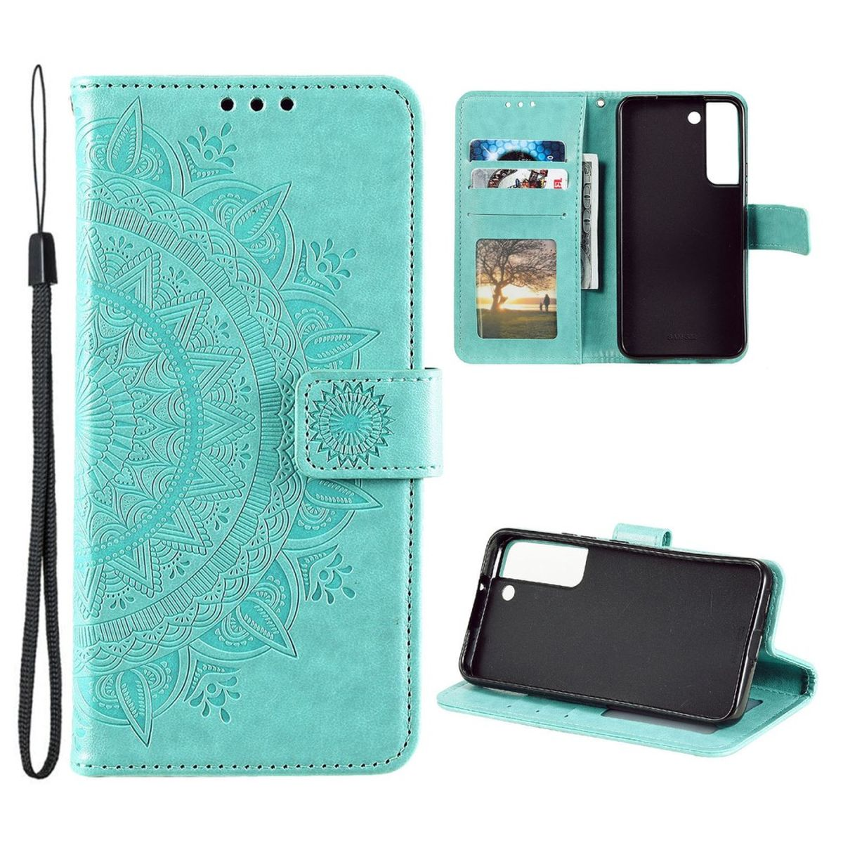 Türkisfarbene Handyhülle offen, Schlitze für Karten und Telefon, Mandala-Design.