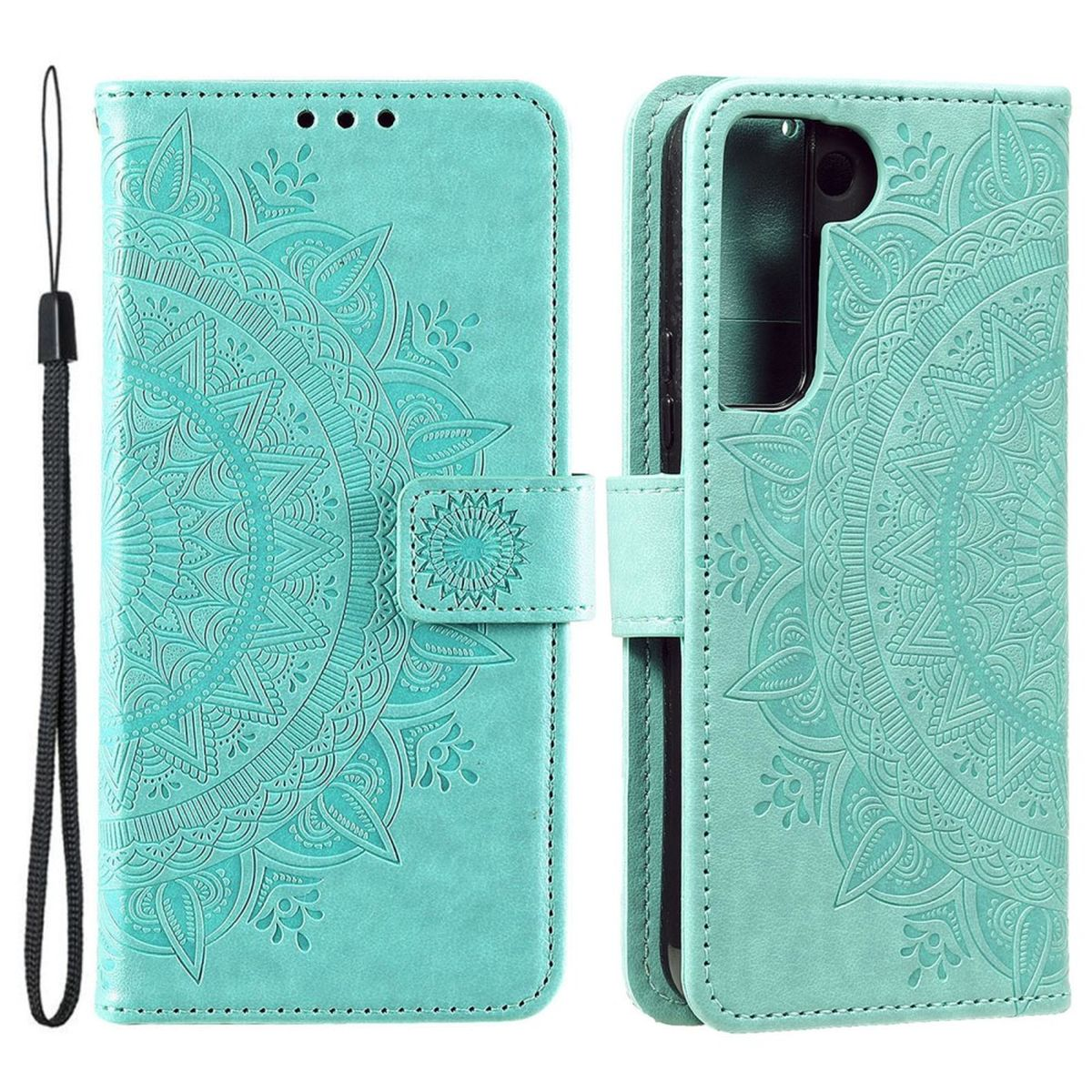 Türkisfarbene Handyhülle mit Mandala-Design und schwarzem Schlüsselband. Die Hülle ist offen.