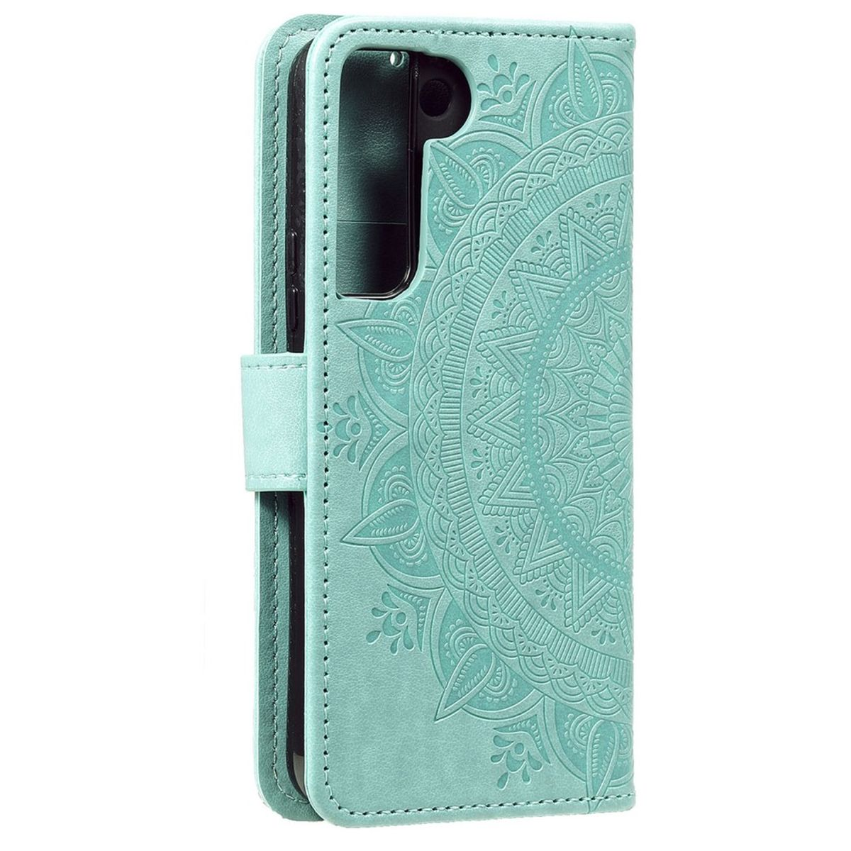 Eine türkisblaue Handyhülle mit Mandala-Design. Sie ist geöffnet, und das Telefon ist sichtbar.