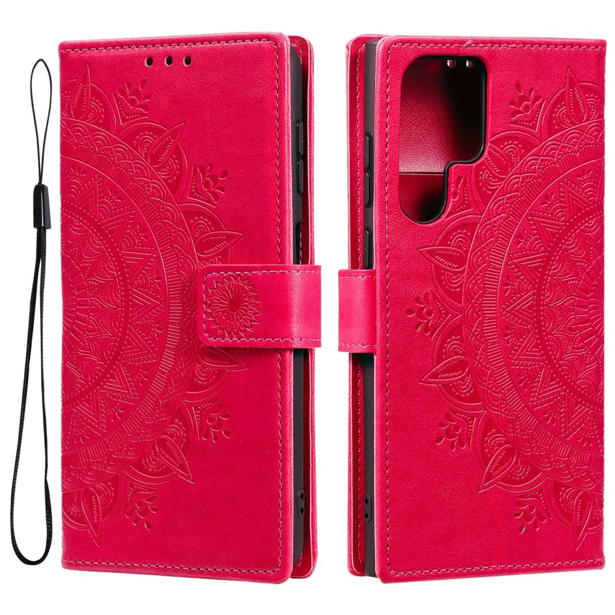 Rote Handyhülle mit Mandala-Design, offen, um das Telefon zu zeigen.