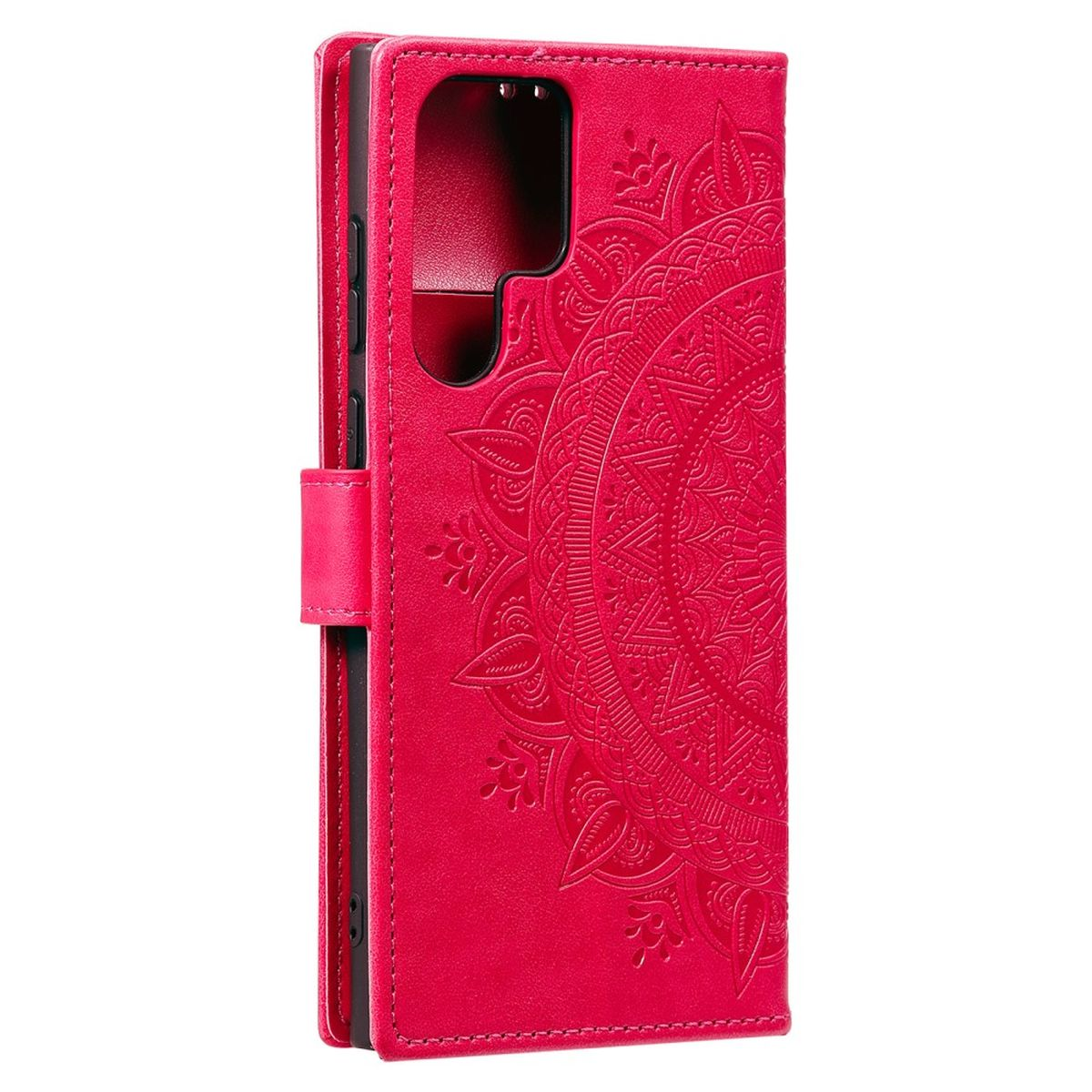 Eine rosa Handyhülle mit Mandalamuster. Sie hat einen Magnetverschluss und einen Ausschnitt für die Kamera.