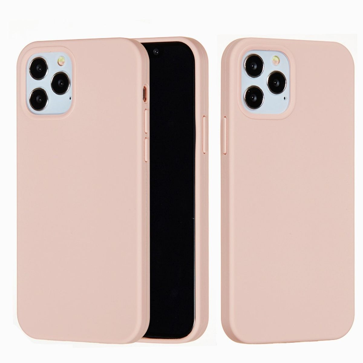 Zwei pfirsichfarbene Handyhüllen, eine mit einem Telefon und eine leer. Die Hülle hat Kameraaussparungen.