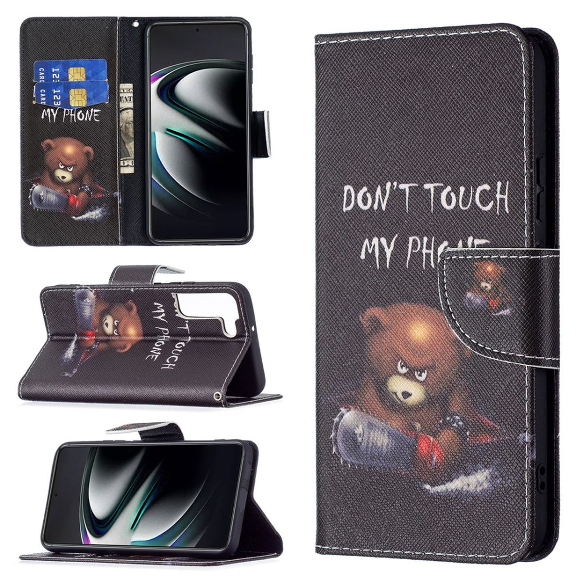 Handyhülle mit Bär, der eine Waffe hält, der Text lautet "DON'T TOUCH MY PHONE".