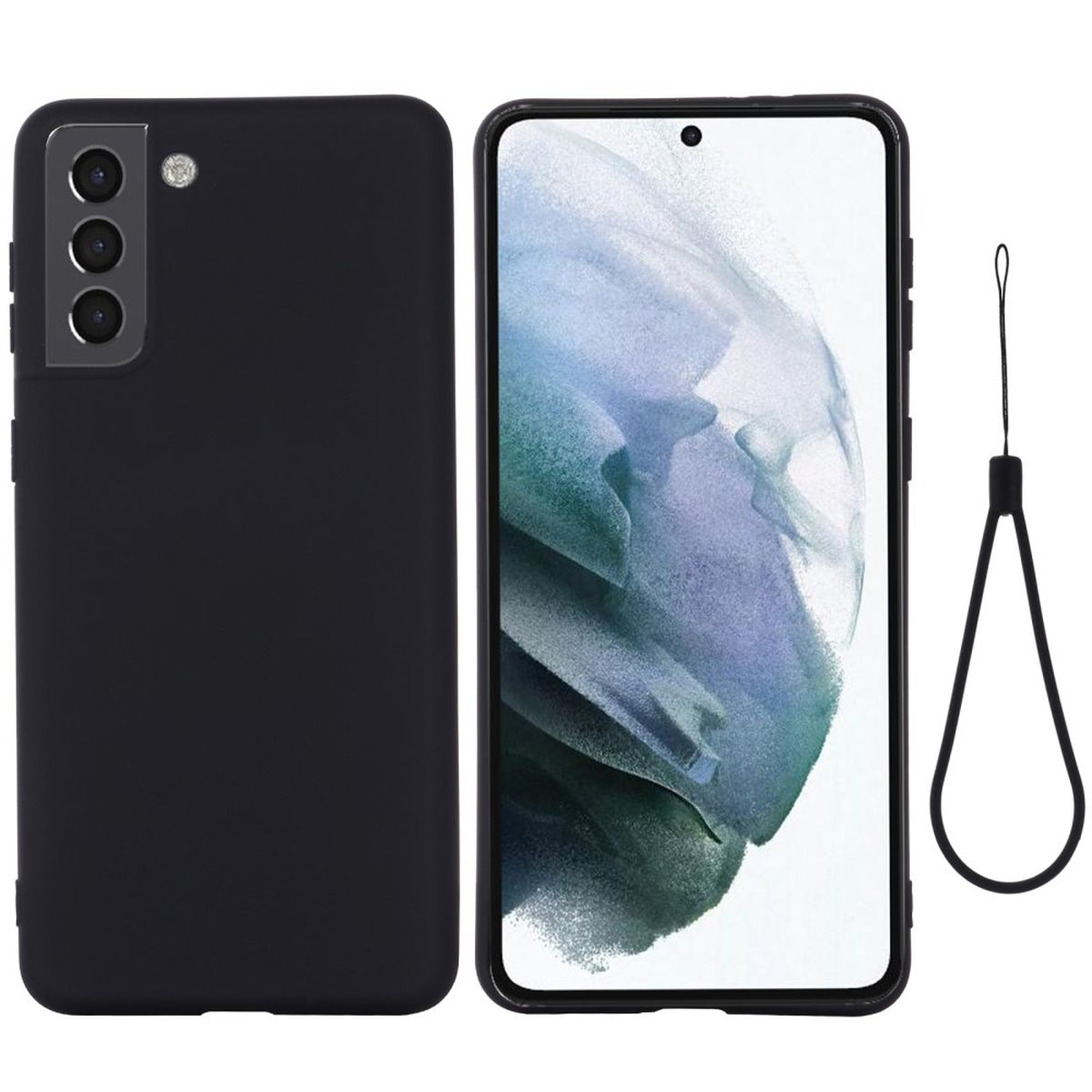 Schwarzes Smartphone mit Dreifachkamera und schwarzer Hülle daneben.