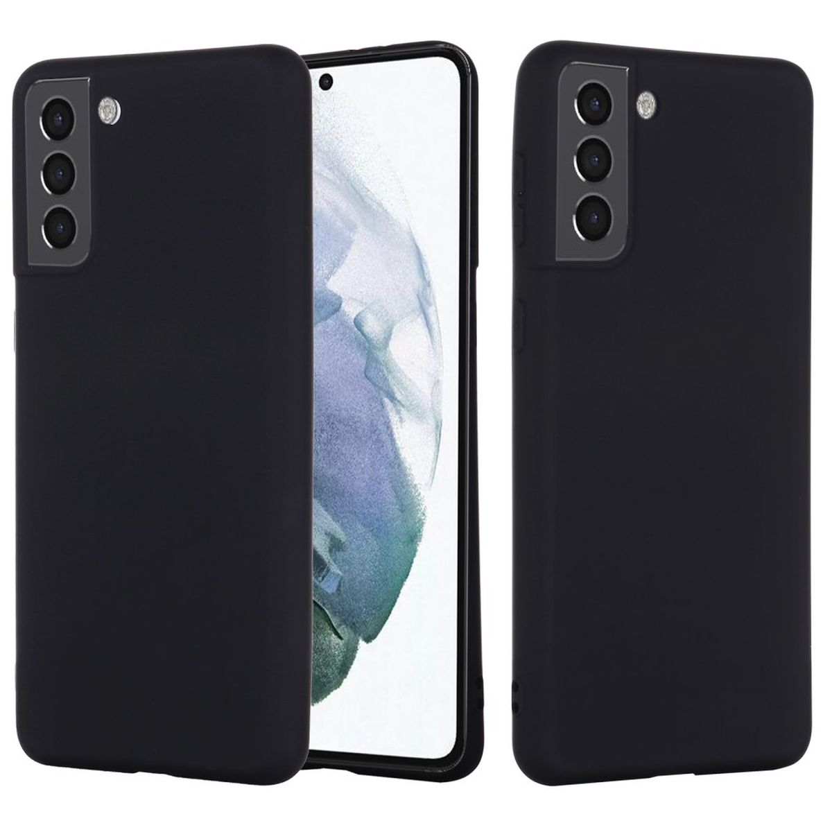 Schwarze Handyhülle, die ein Telefon von vorne und hinten zeigt.