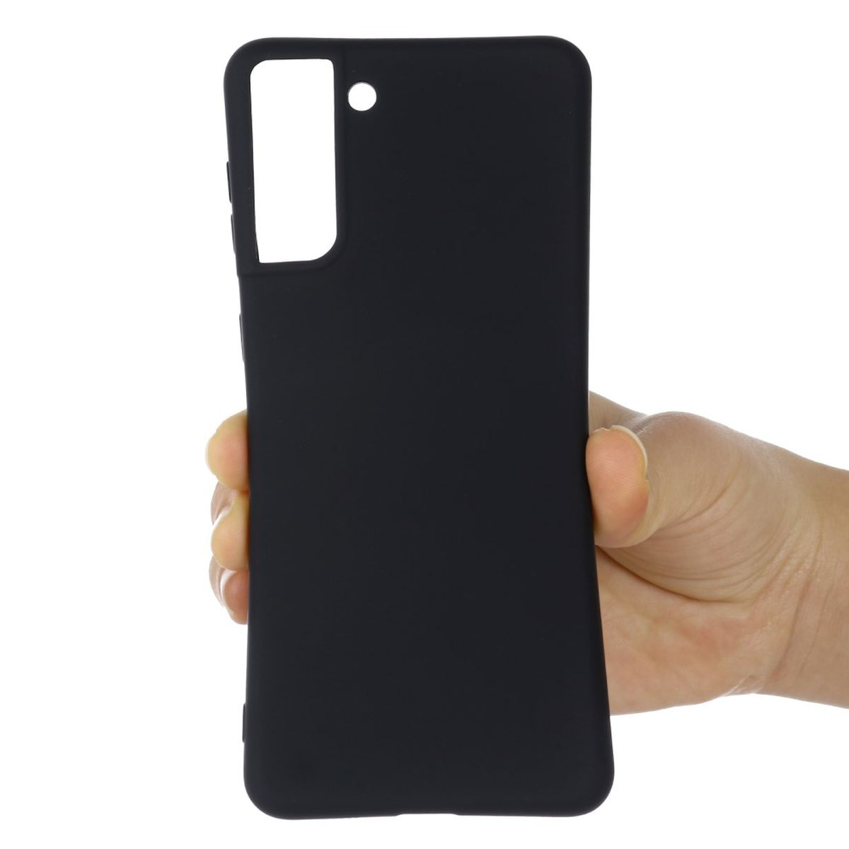 Die Hand einer Person, die eine schwarze Handyhülle hält. Die Hülle hat einen Kameraausschnitt.