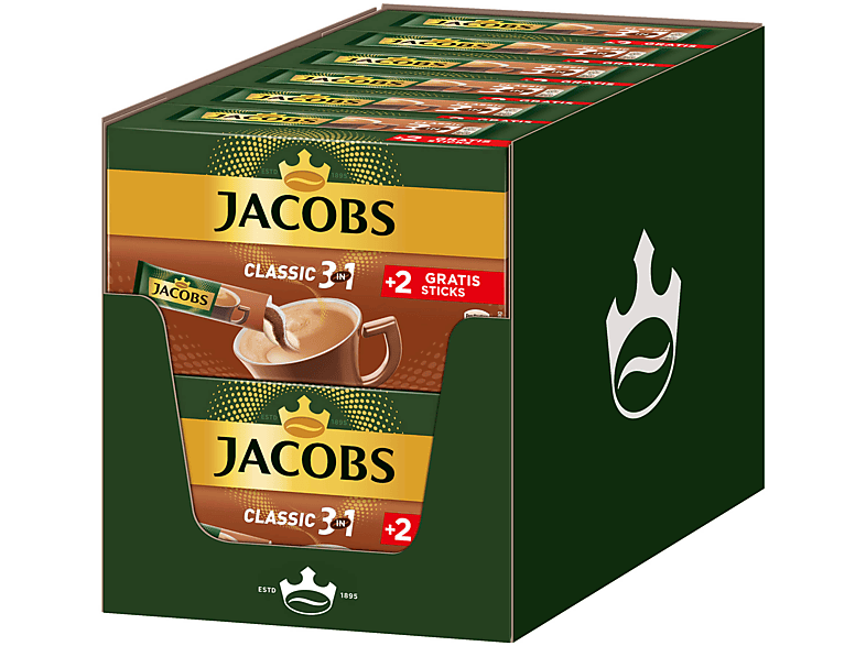 JACOBS Löskaffee 3in1 Sticks x 10+2 Wasser (In Instantkaffee 12 heißem Classic auflösen)
