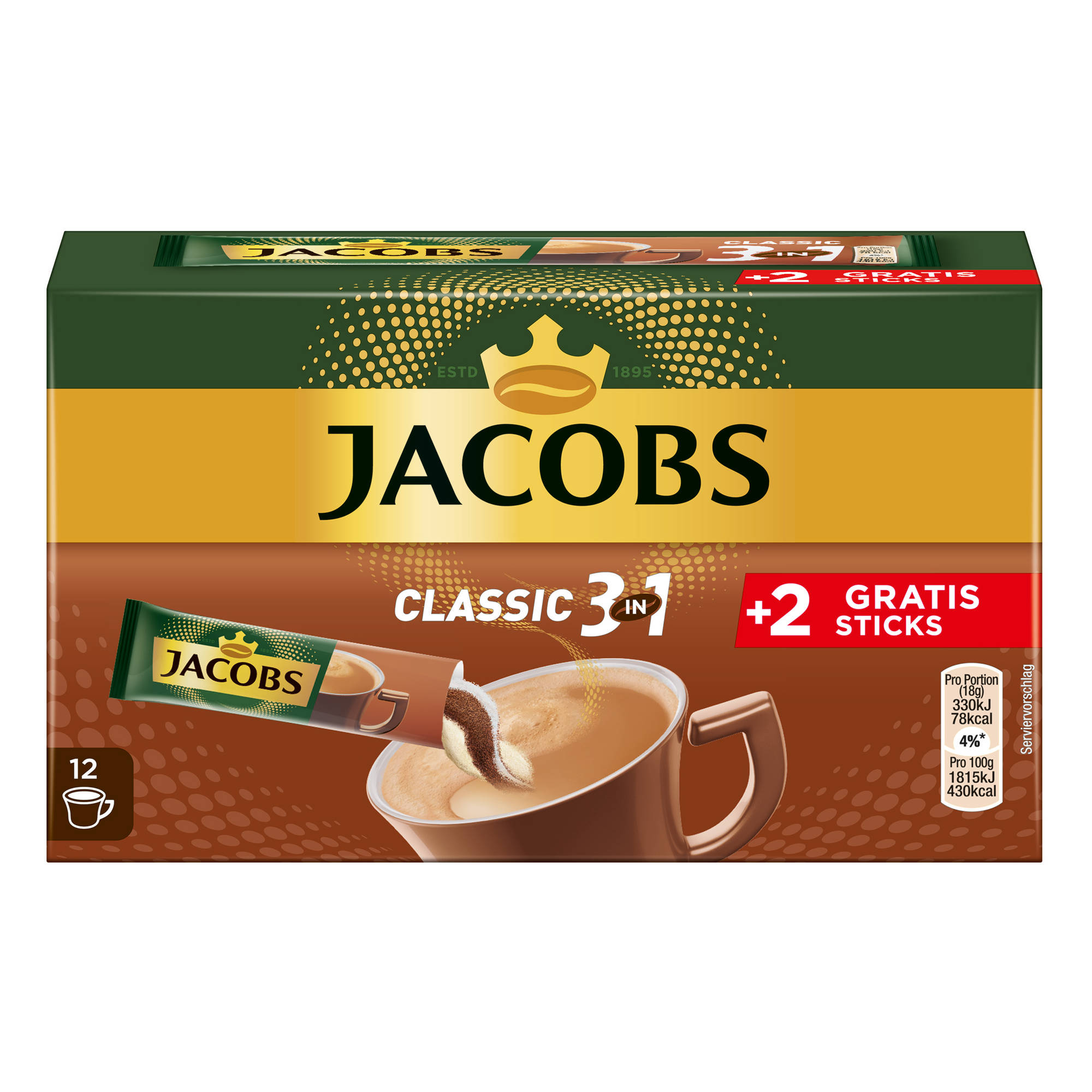 (In Sticks JACOBS Instantkaffee Wasser x 3in1 heißem Löskaffee auflösen) 12 10+2 Classic