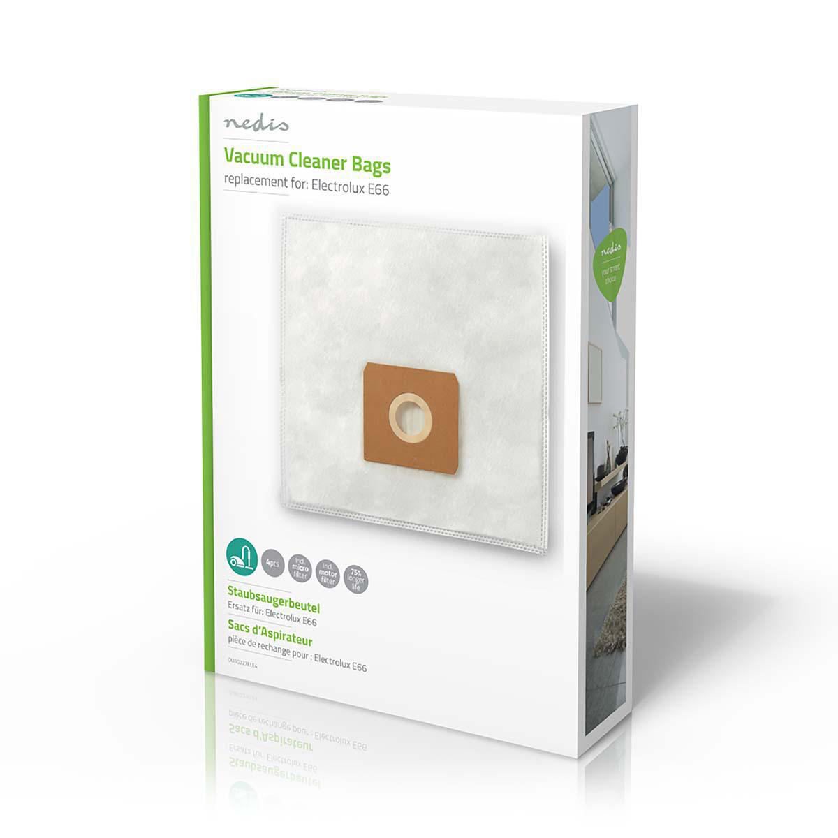 Een witte doos met stofzuigerzakken, met een zichtbare zak en productdetails.