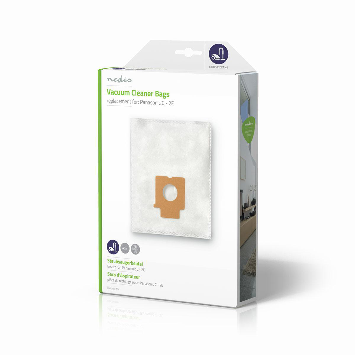 Vacuum cleaner bag in a box. White bag. The box shows the bag and a home with a vacuum.
