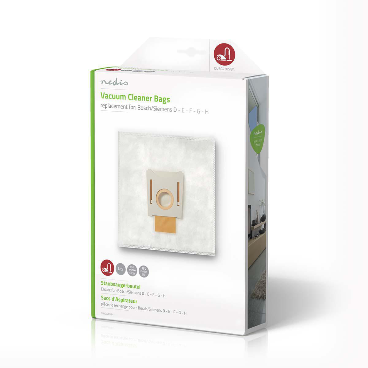 Vacuum cleaner bag replacement box. White and printed with text and images.