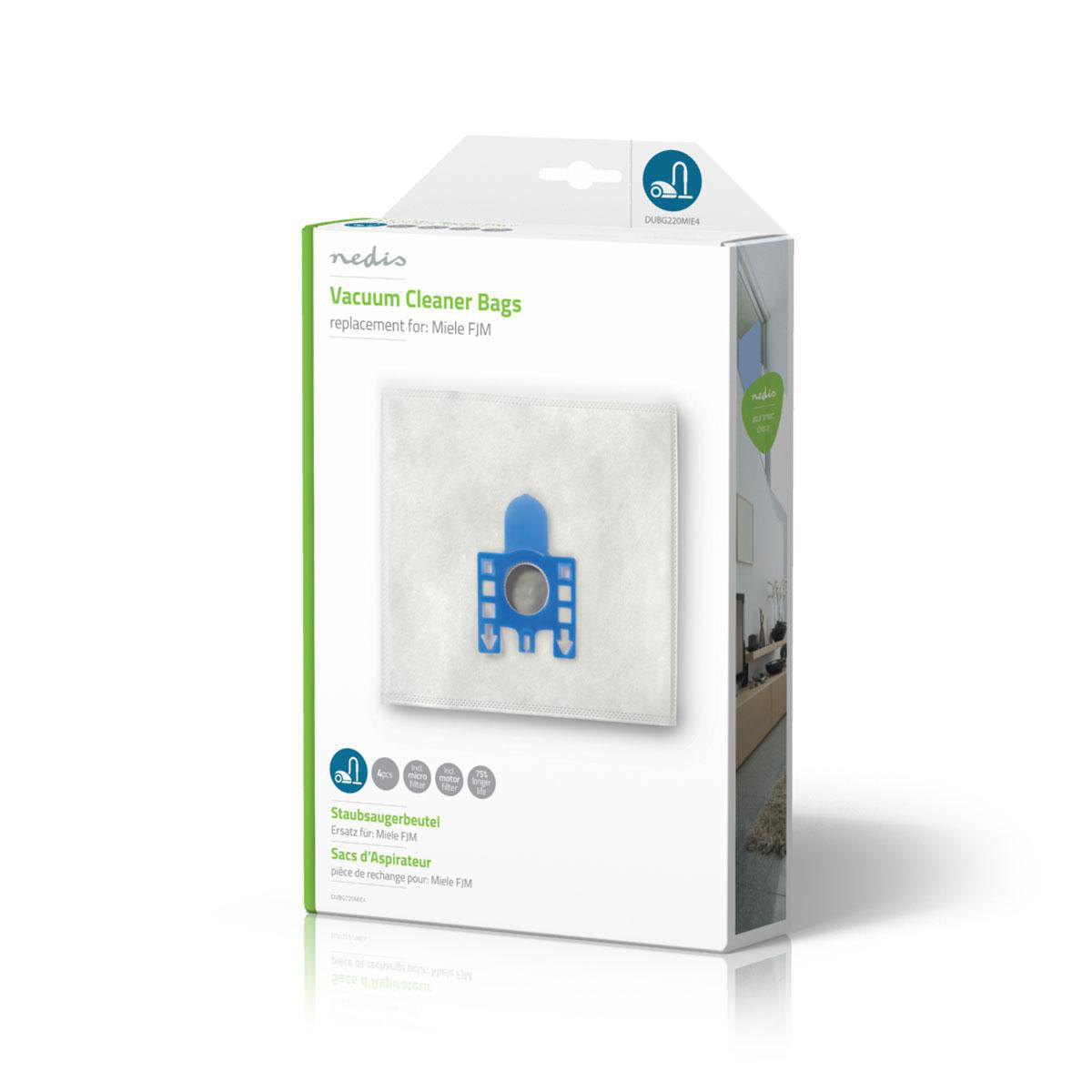 Vacuum cleaner bags in a box. The box is white with green and blue details. Front displays bag.