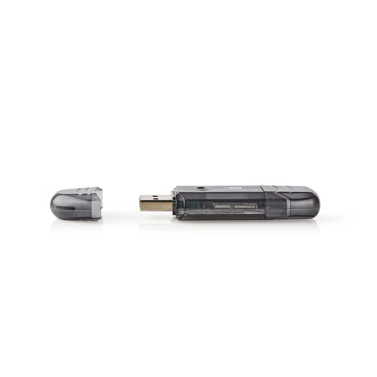 Ein schwarzer USB-Stick mit abnehmbarer grauer Kappe. Der Stick liegt horizontal auf einer weißen Oberfläche.