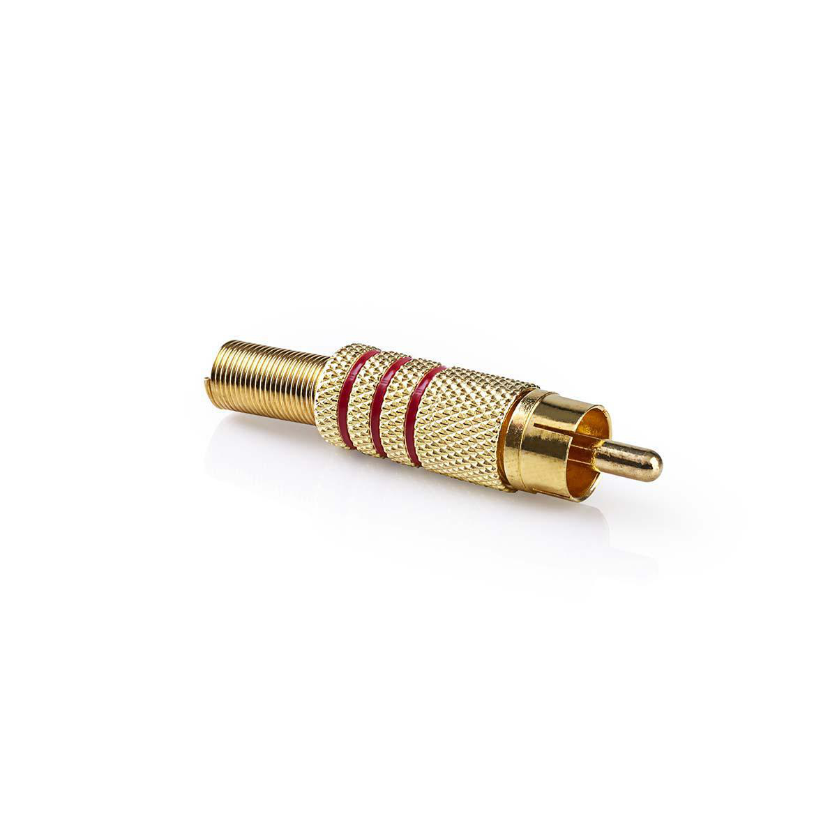 Ein goldener Cinch-Stecker mit roten Ringen. Er liegt auf weißem Hintergrund.