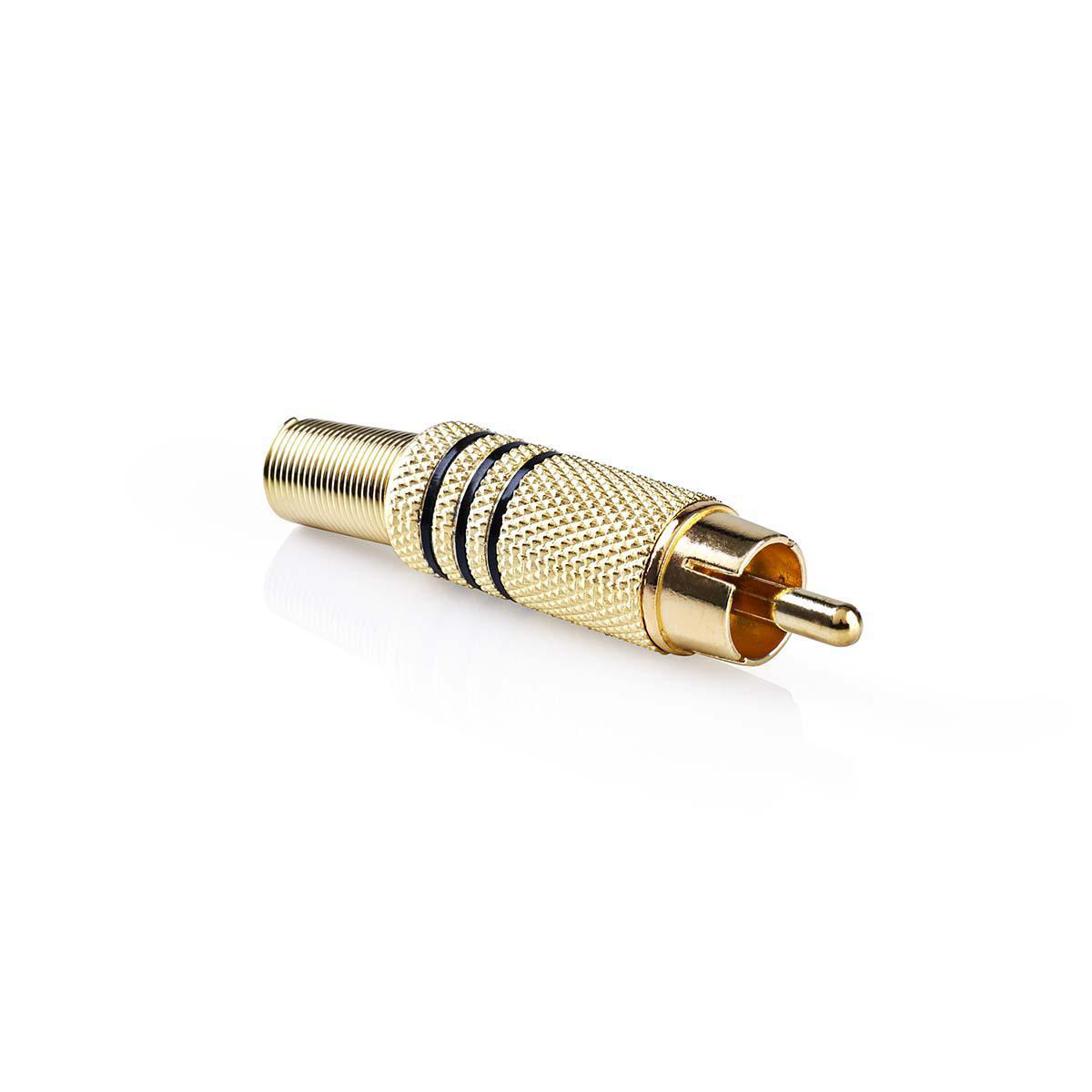 Gold-colored RCA connector with a black ring design on a white background.
