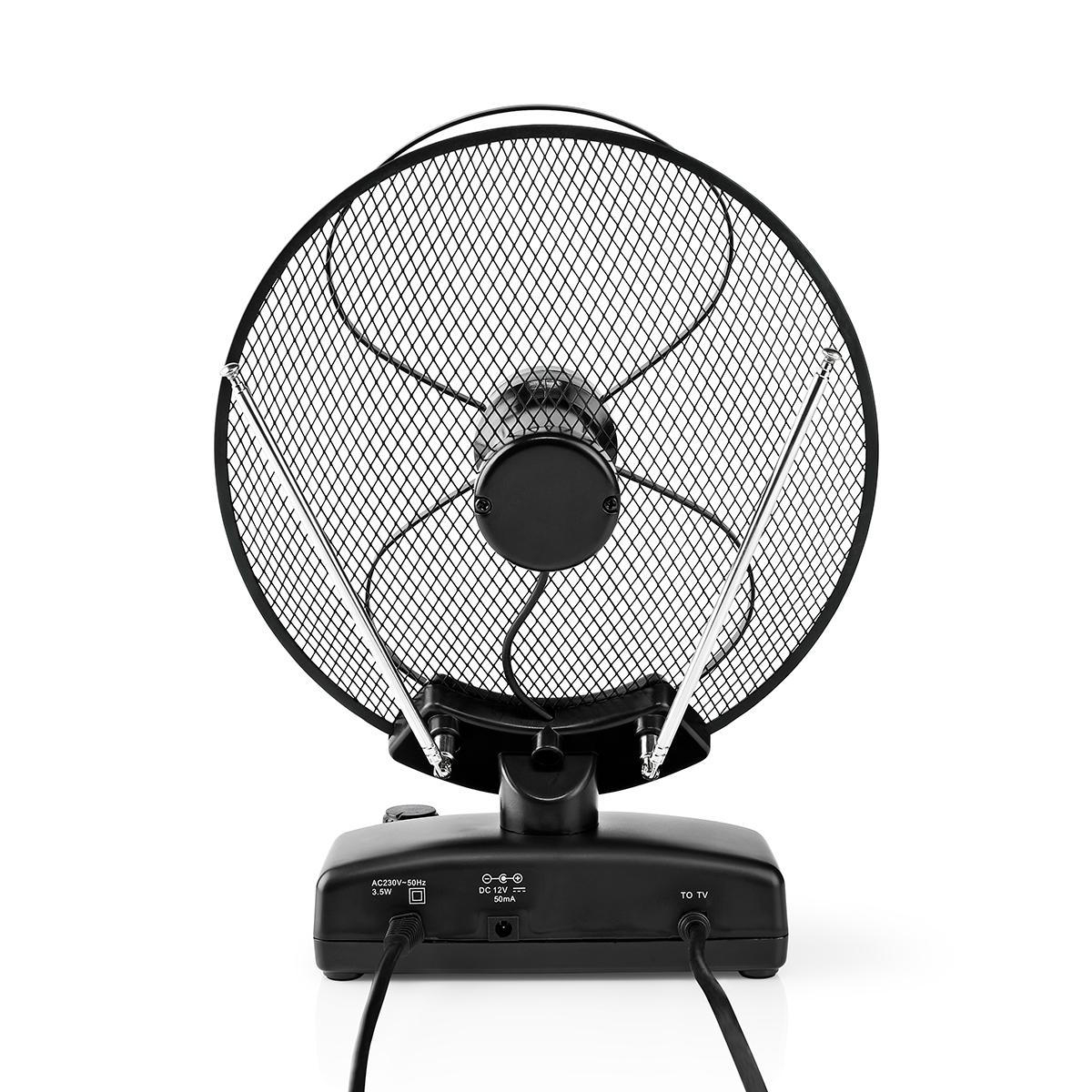 Schwarze Antenne. Sie hat ein kreisförmiges Gitter und zwei Antennen. Ein schwarzer Sockel mit Anschlüssen und Text ist unten.