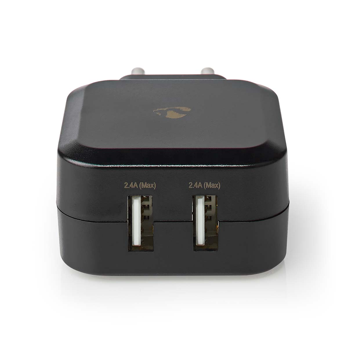Ein schwarzes USB-Ladegerät mit zwei USB-Anschlüssen und Text, der 2,4A (Max) anzeigt.