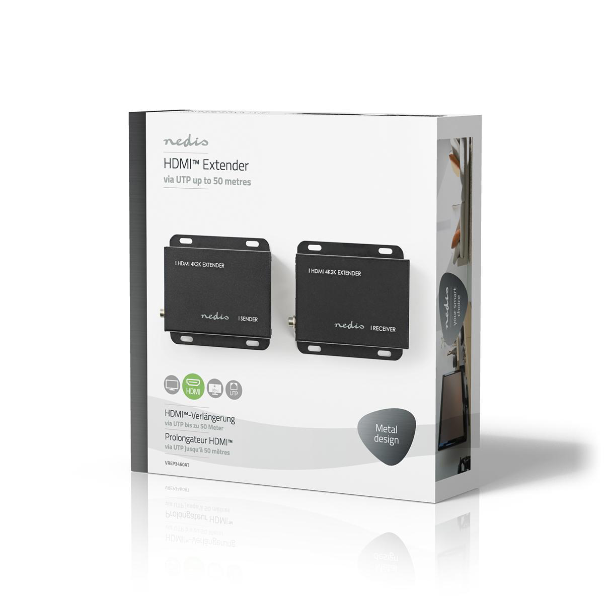 Eine weiße Box mit einem schwarzen HDMI-Extender-Set, mit Text und Bildern, auf weißer Oberfläche.