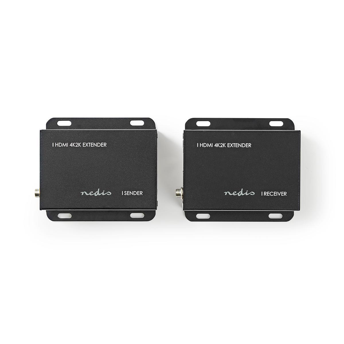 Zwei schwarze HDMI 4K2K Extender-Boxen. "nedis" und "iSENDER"/"iRECEIVER".