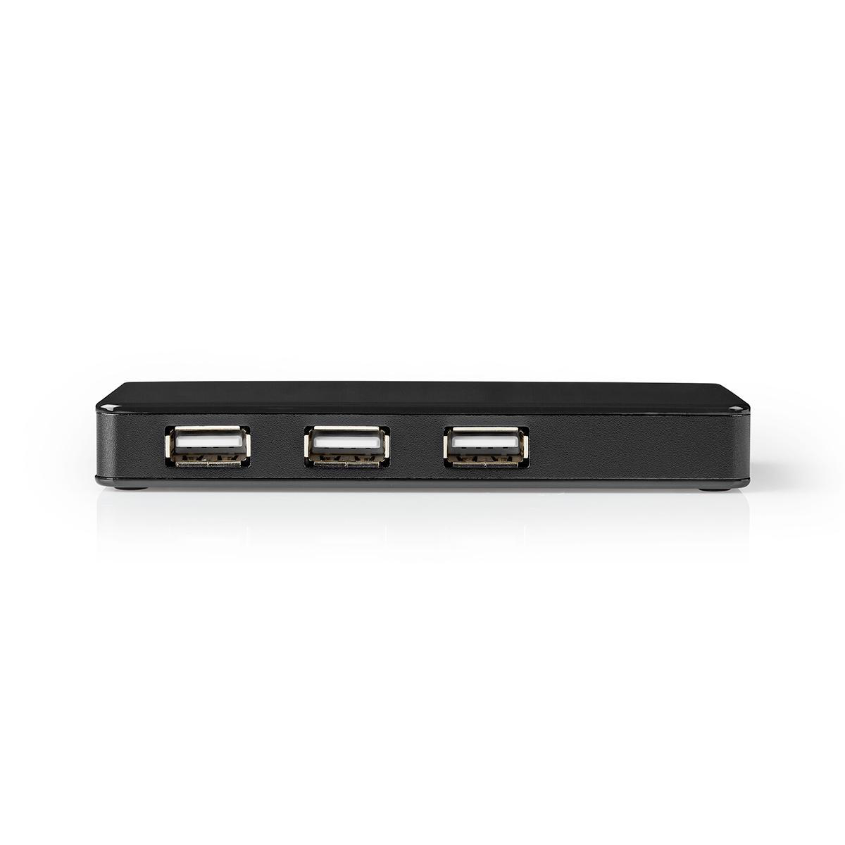 Zwarte USB-hub met 3 poorten, op wit. Elke poort heeft een USB-symbool.