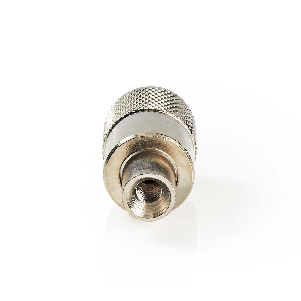 A small, silver-colored metal connector. It is cylindrical with a threaded base.