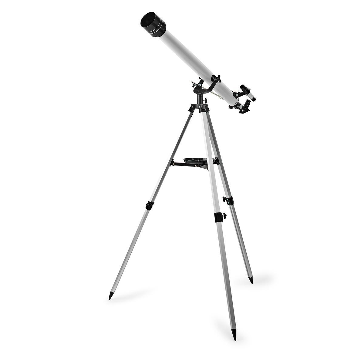 Telescopio argentato su un treppiede. Il telescopio è puntato verso sinistra.