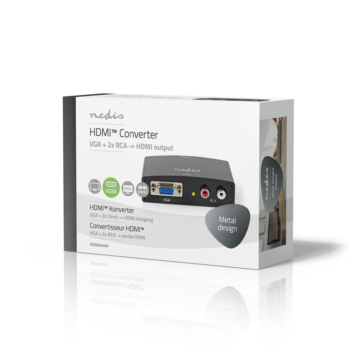 Eine schwarz-weiße Box für einen HDMI-Konverter. Zeigt das Gerät und die Anschlüsse vorne.