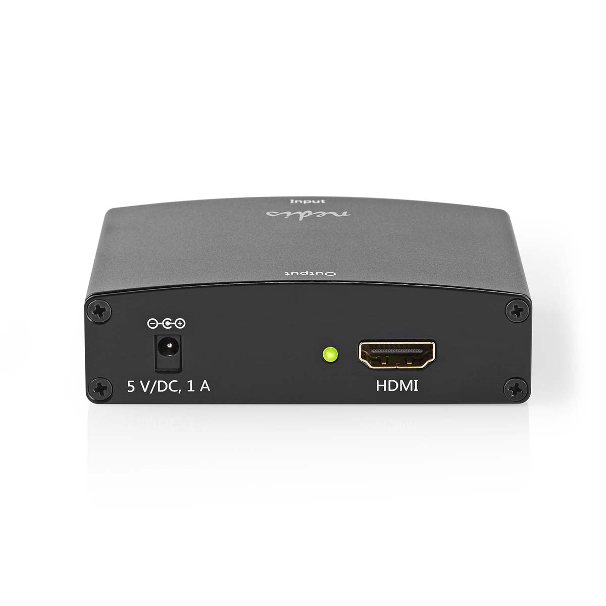 Schwarze HDMI-Konverterbox. Eingangs- und Ausgangsanschlüsse. 5V DC, 1A.