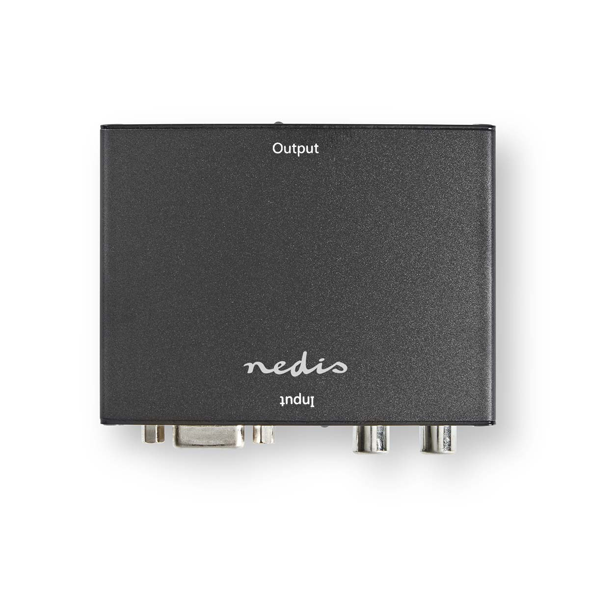 Schwarze Konverterbox. Es ist mit "Output" und "Input" markiert, mit VGA- und anderen Anschlüssen.