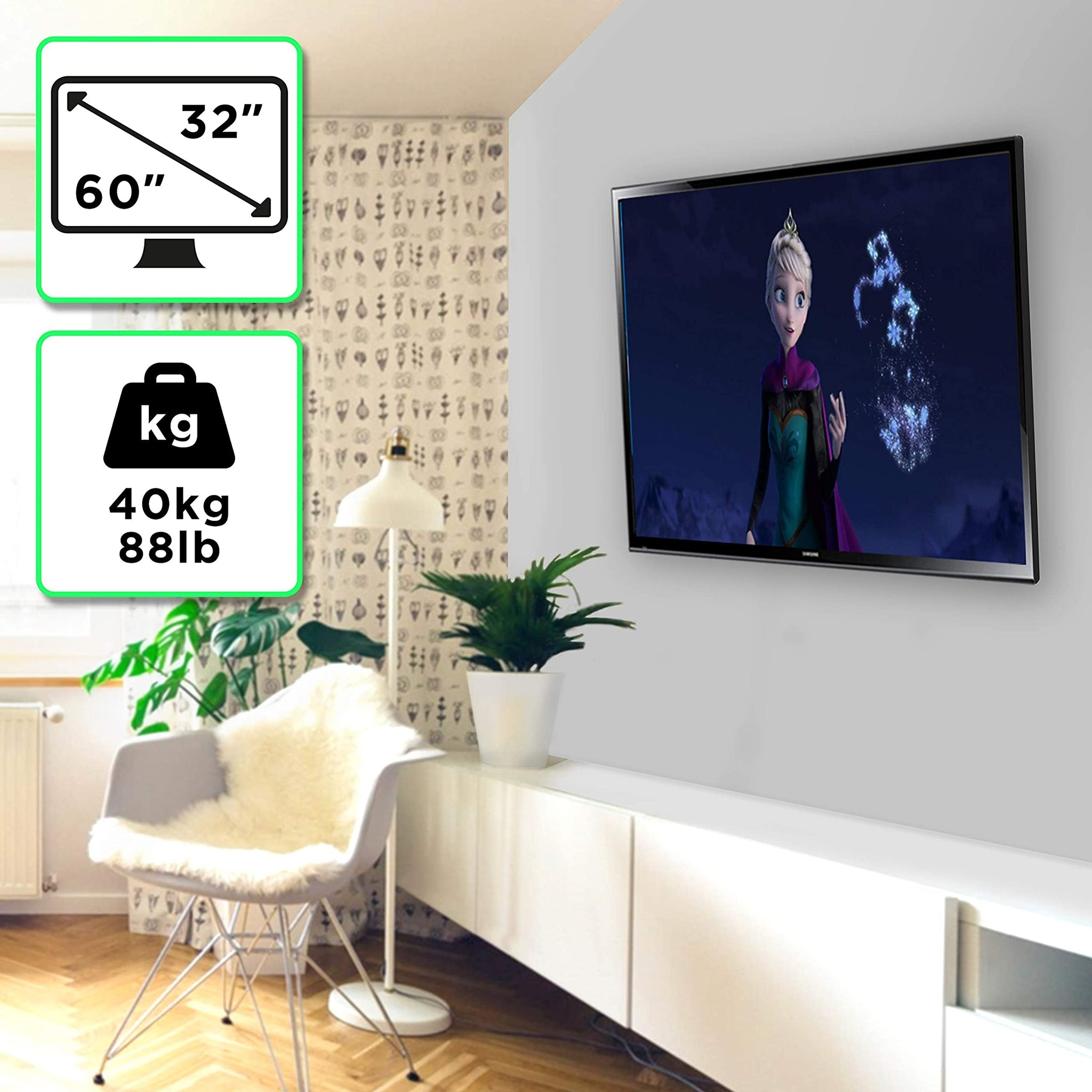 Un televisor está montado en una pared. Una imagen está en la pantalla. Una silla y una planta están en la escena.