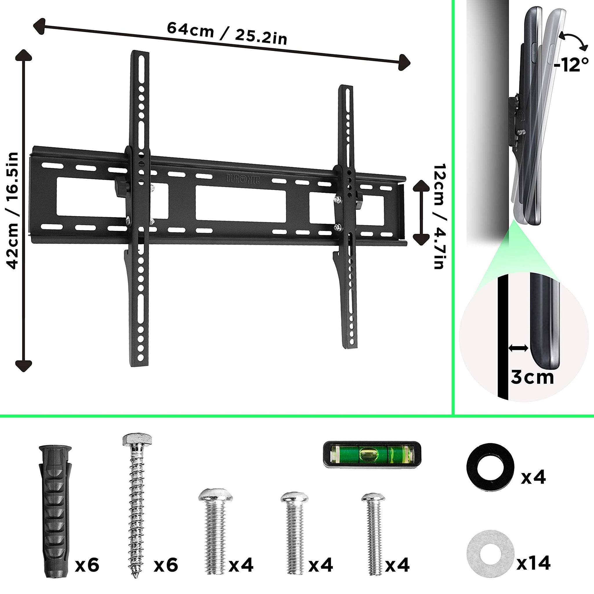 La imagen muestra las dimensiones, el rango de inclinación y el hardware incluido con un soporte de pared para TV negro.