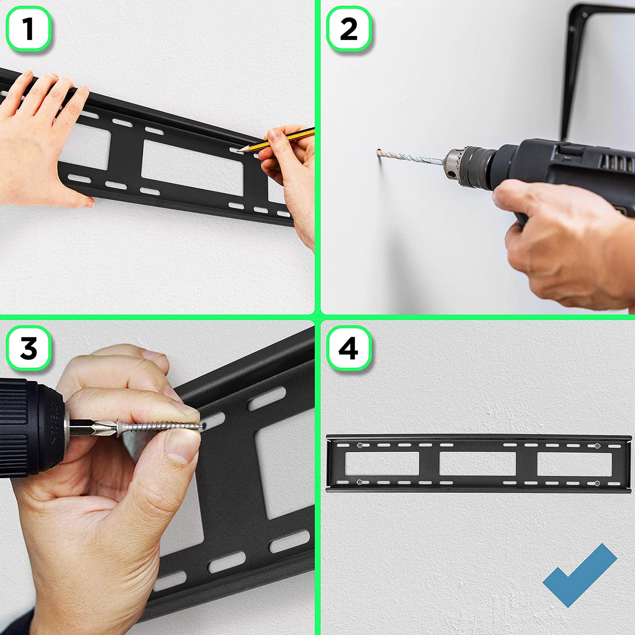 Guía paso a paso para montaje en pared, con soporte negro, lápiz, taladro y tornillos. Lista de verificación al final.