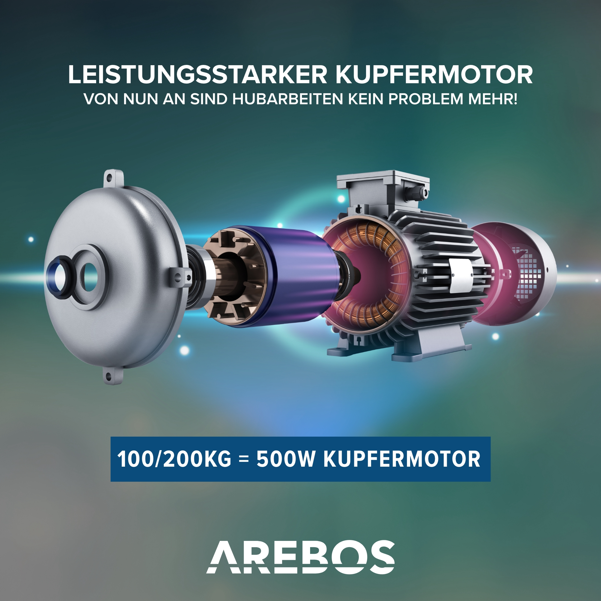 Schnittmodellmotor mit beschrifteten Komponenten. Blau und Silber, mit Text auf Deutsch.