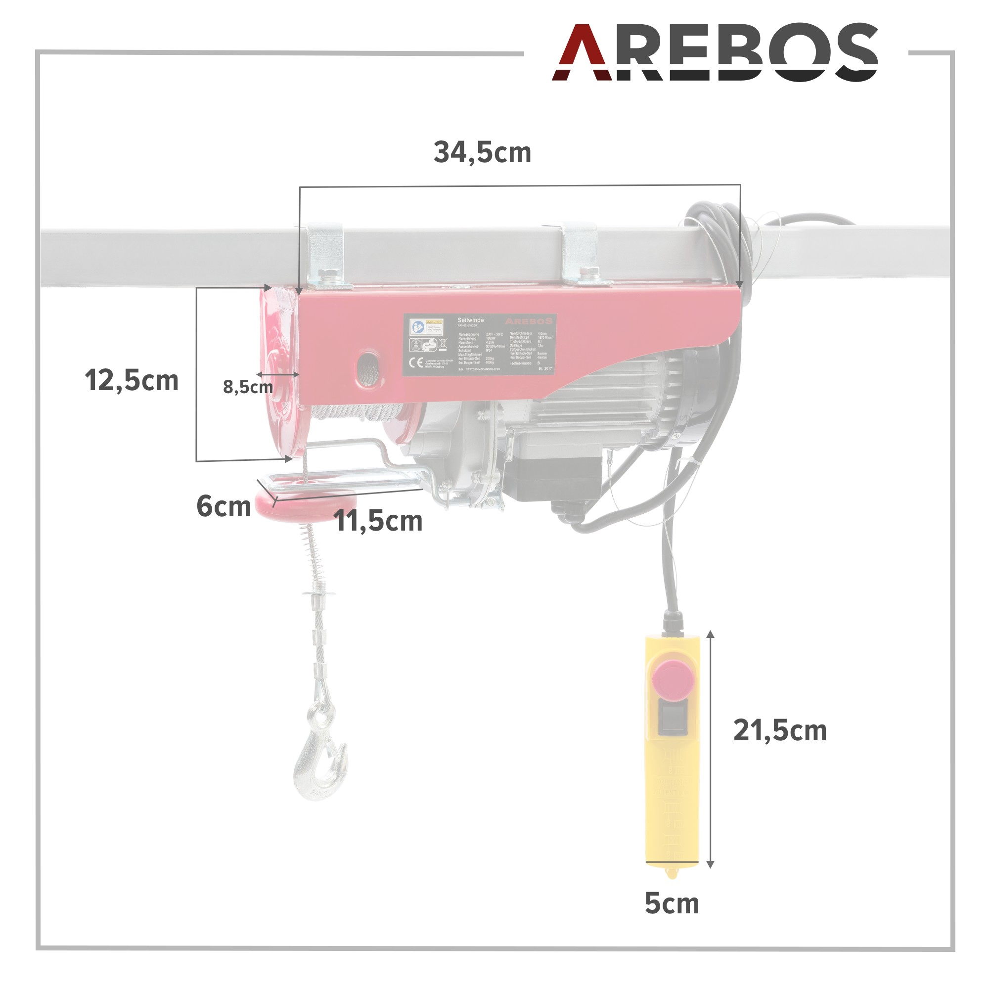 Roter Elektro-Hebezug mit beschrifteten Abmessungen. Eine gelbe Steuerung hängt. Die Marke AREBOS ist sichtbar.