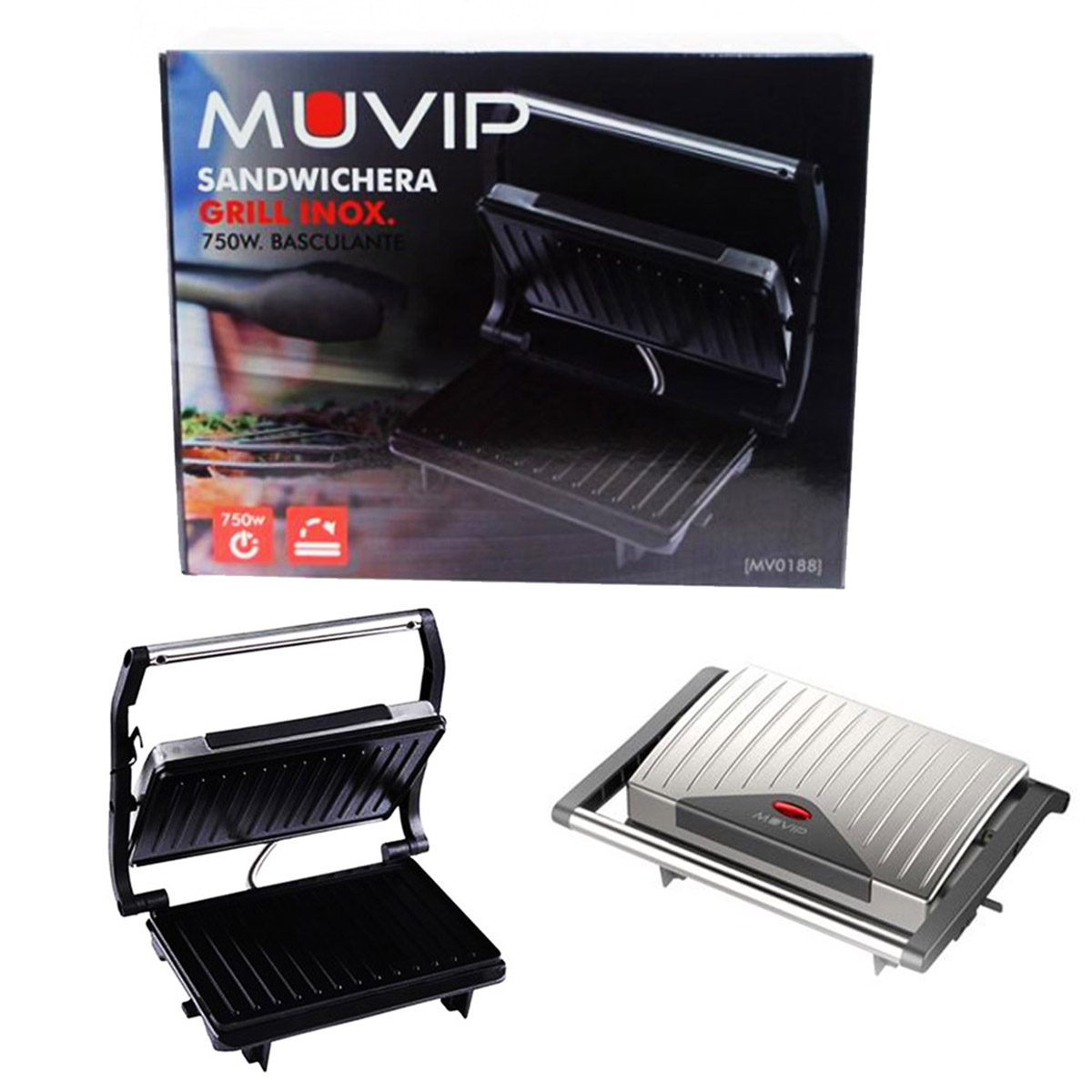 Una sandwichera con superficie negra y una caja con la marca MUVIP. Se ven dos sandwicheras.