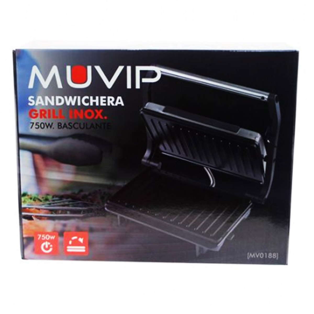 Caja de grill para sándwich. Negro. Grill abierto. Texto: Sandwichera Grill Inox. 750W. Fondo negro.