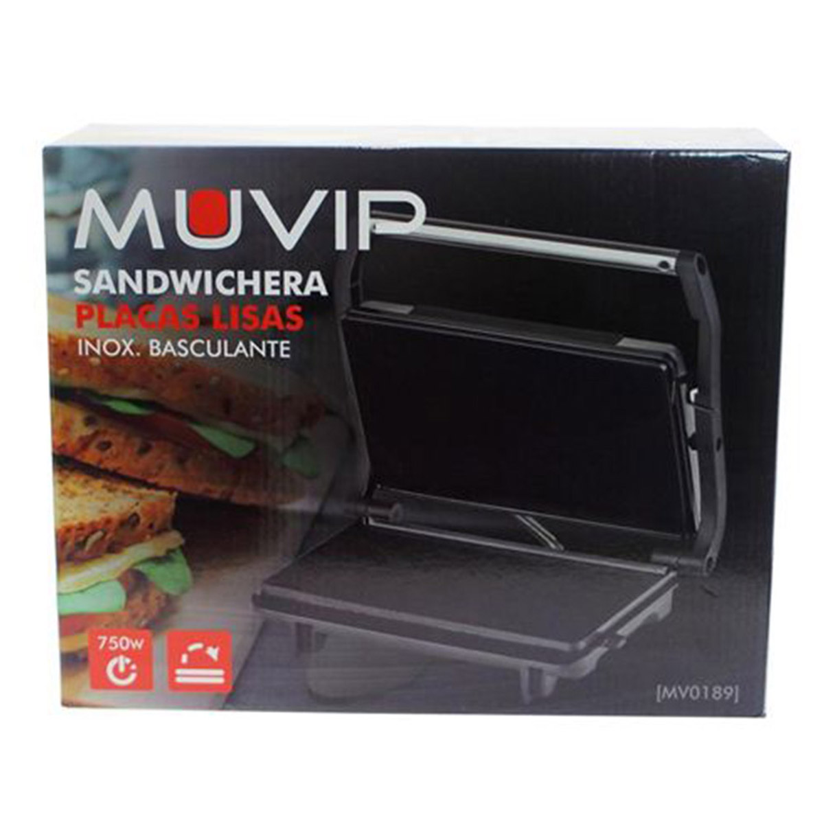 Macchina per sandwich nella sua confezione, con un'immagine di panini. Il marchio è MUVIP. Nero e argento.