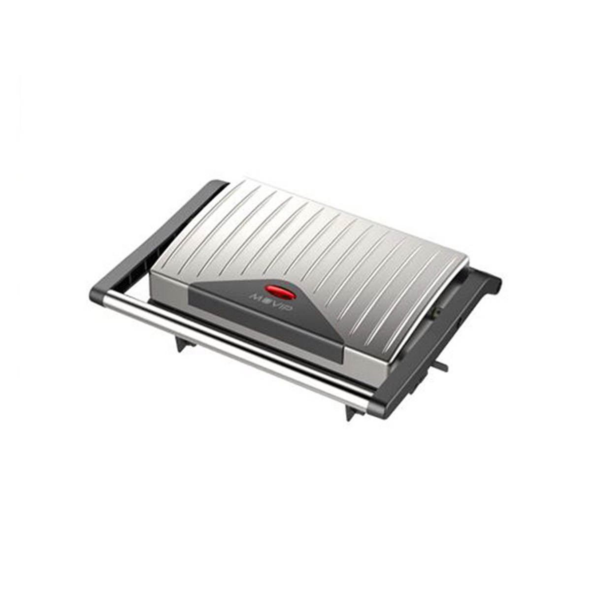 Una panini maker argentata con manico nero, su sfondo bianco.