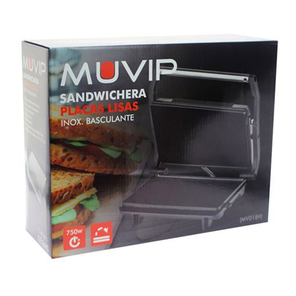 Una piastra per sandwich in una scatola. La scatola ha immagini di panini e il marchio 'MUVIP'.