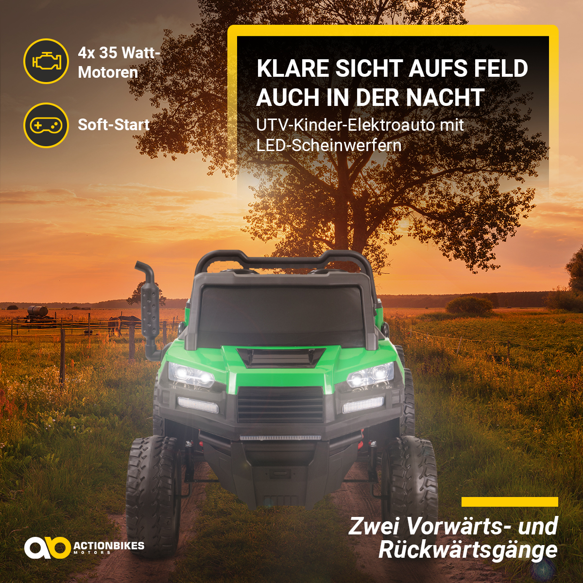 Grünes Spielzeugauto auf einer unbefestigten Straße, mit Text auf Deutsch oben und unten.