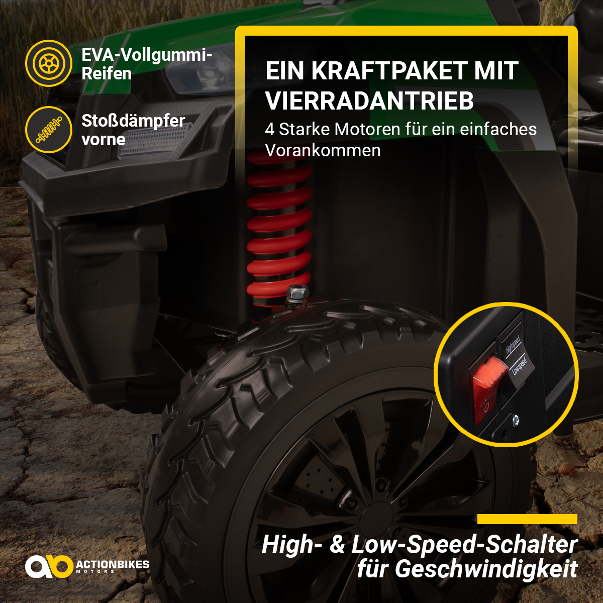 Ein grünes und schwarzes ATV mit rotem Stoßdämpfer und einem High/Low-Speed-Schalter.