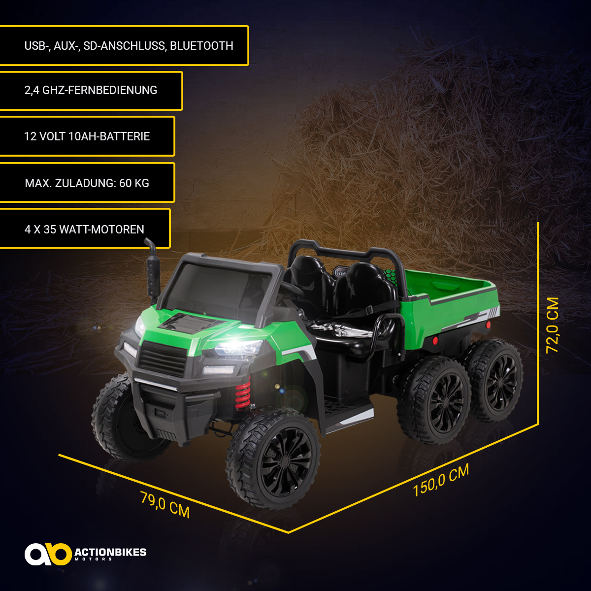 Grünes und schwarzes Kinderspielzeugauto mit Abmessungen und Textbeschriftungen.